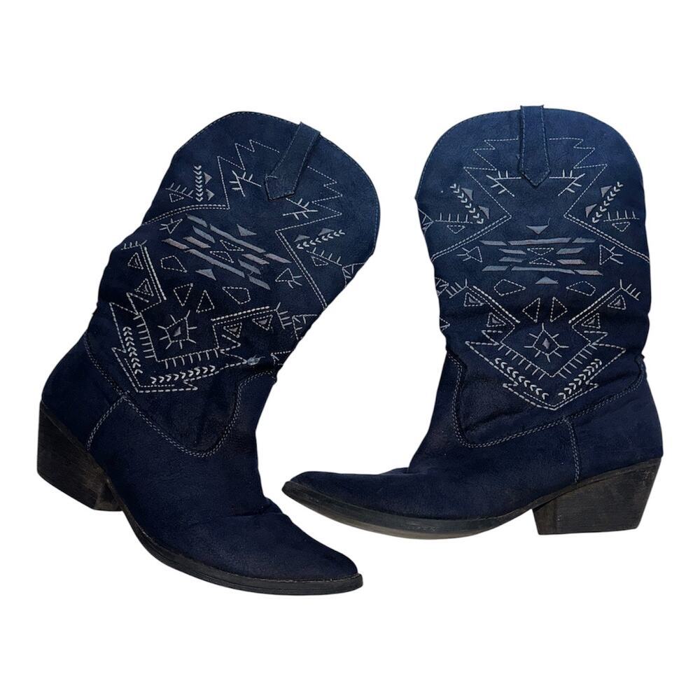 Women’s Navy Blue Aztec Embroidered Western Faux Suede Cowboy Boots Sz 9.5 - Picture 3 of 7